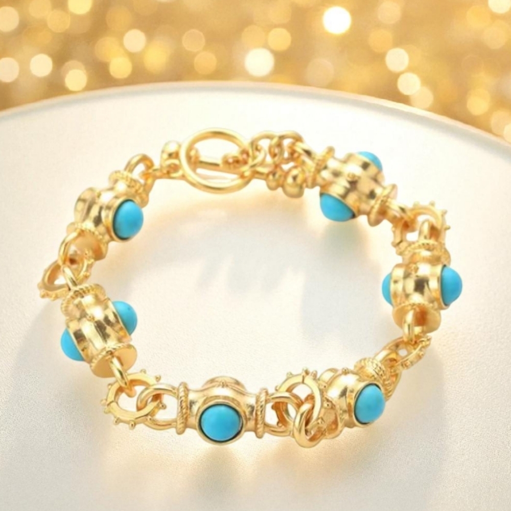 Byzantine Turquoise Cabochon Toggle Bracelet  18k Gold Plating